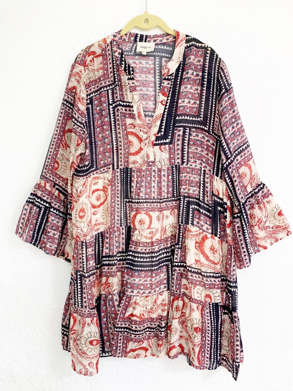 Choklate Paris Silk Blend Boho Patchwork Tiered Dress Sz L